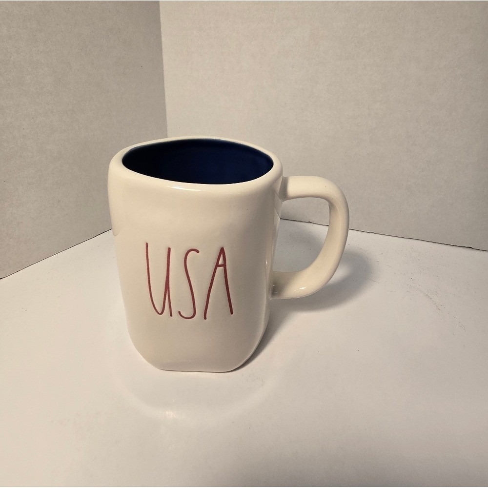 Rae‎ Dunn White Mug with Blue Interior and Red USA Text